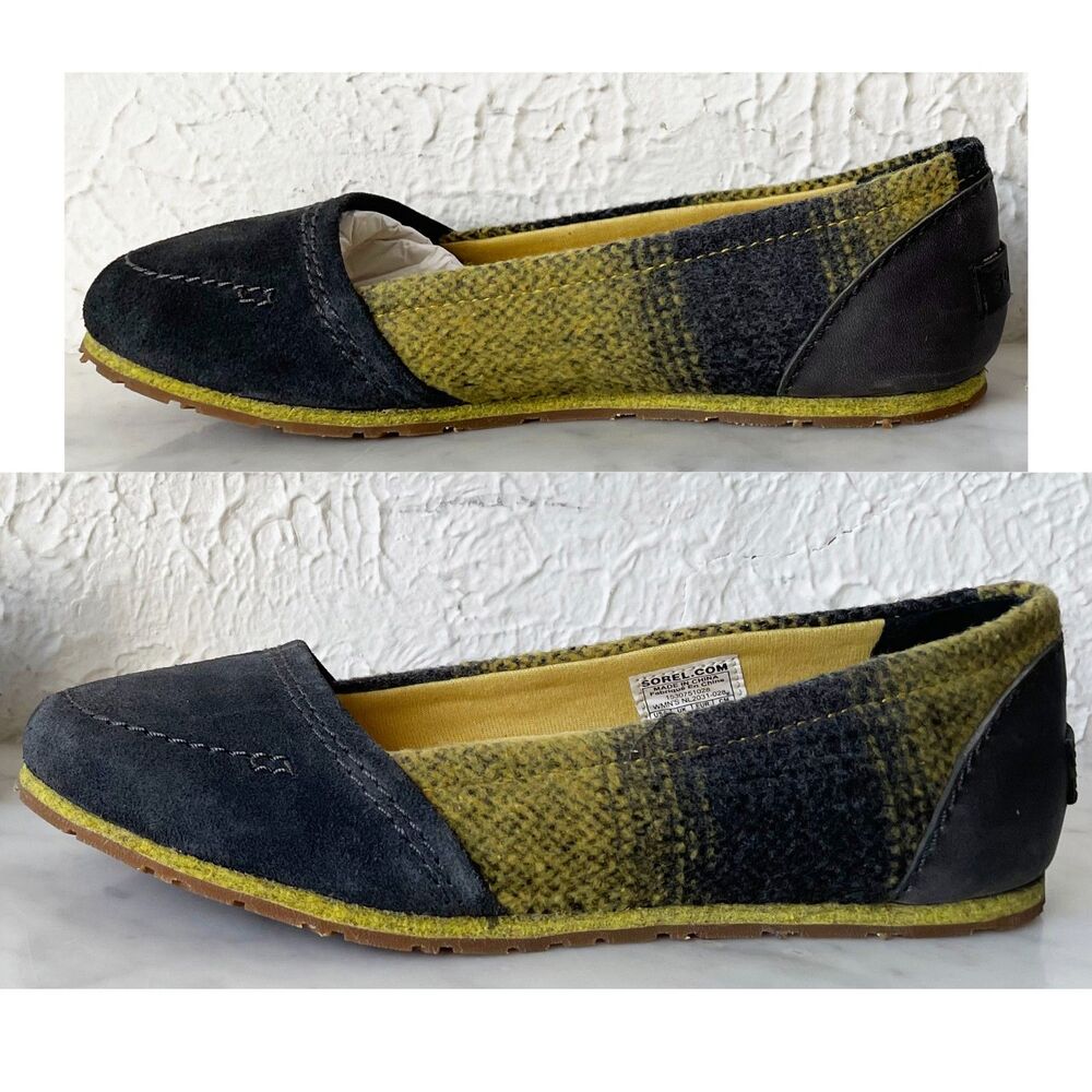 Sorel Moc Flats Wool/Suede Women's 7 Grey/Yellow Yaquina Slip On Shoes